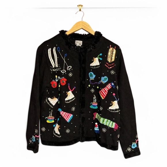 Vintage Berek Women's Large Christmas Cardigan Sweater Winter Embroidery Beaded - Picture 2 of 4